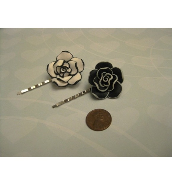 Black Rose With White Trim Bobby Pin - Picture 3 of 4